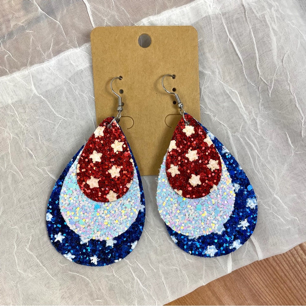 Patriotic Dangle Earrings Sparkle Glitter Stars Red White Blue